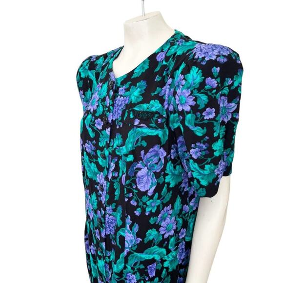 VTG 80s ADRIAN JORDAN Black Floral Button Front Sheath Dress SZ 14 - Picture 5 of 13